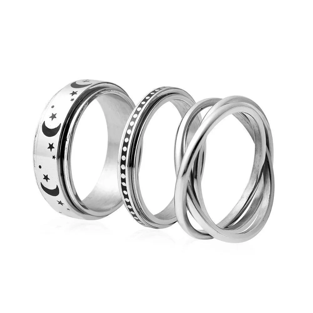 Stress Buster Spinner Ring in Stainless Steel Set of 3 Size 13